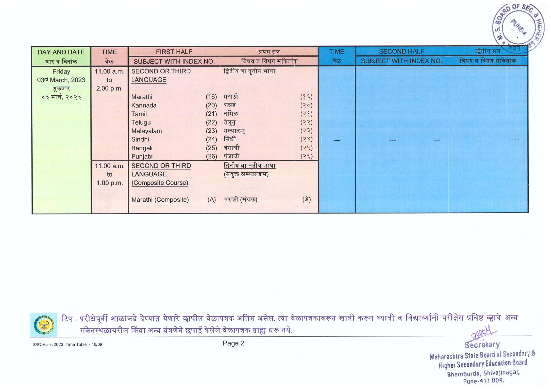 Maharashtra Board 10th Time Table 2023