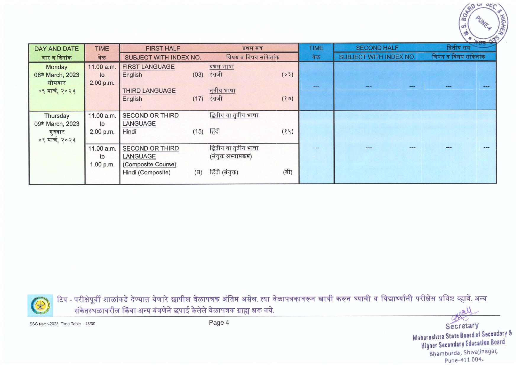 Maharashtra Board 10th Time Table 2023